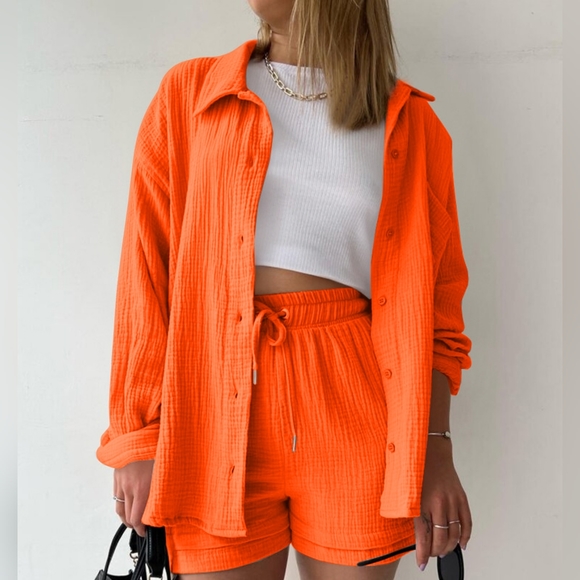 Joanna Button Up Shirt & Shorts Set - Orange - Picture 3 of 7